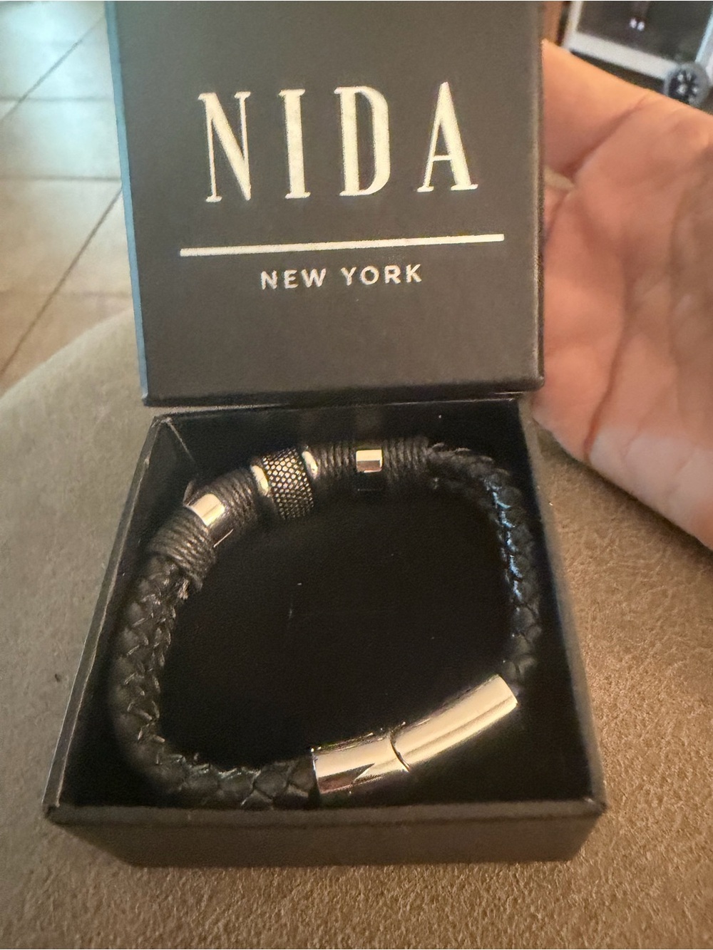New York & Company Black Braided Leather Bracelet with Silver Accents